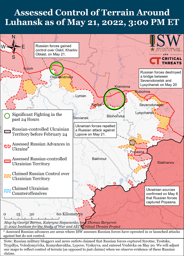 Карта боевых действий в Украине на 22 мая (Институт изучения войны США)