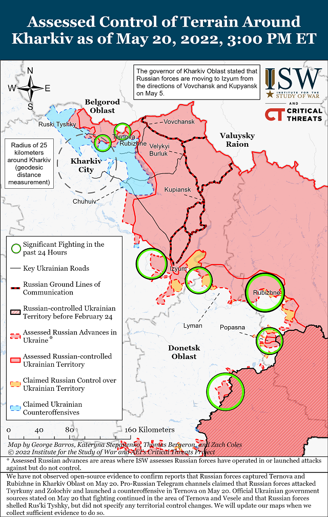Карта боевых действий в Украине на 21 мая (Институт изучения войны США)
