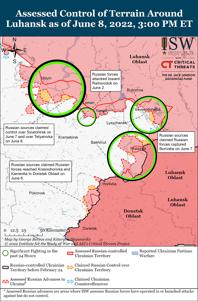  Актуальная на 9 июня карта боевых действий в Украине (Институт изучения войны США)