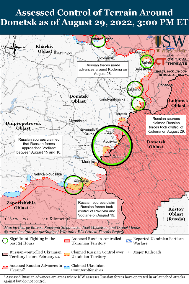 Актуальная на 30 августа карта боевых действий в Украине (Институт изучения войны США)