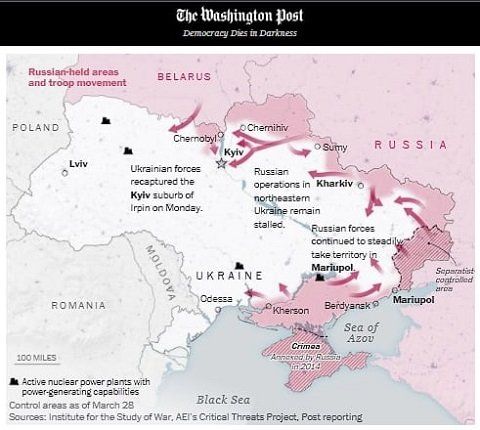 The Washington Post опубликовал карту боевых действий на территории Украины (по состоянию на 28 марта)
