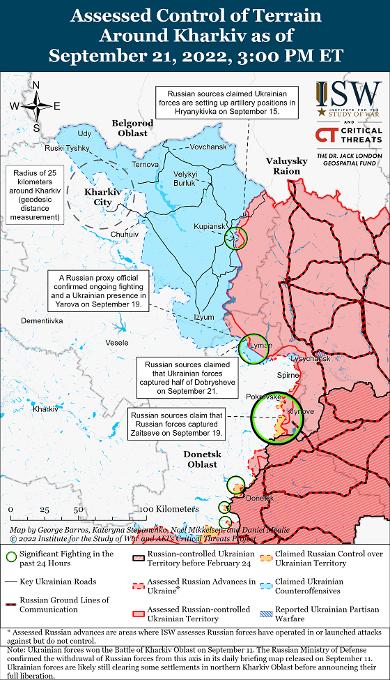 Актуальная на 22 сентября карта боевых действий в Украине (Институт изучения войны США)