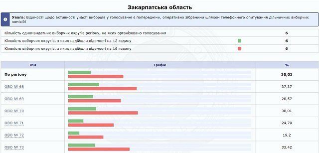ЦИК опубликовала данные по явке на 16:00 в Закарпатье