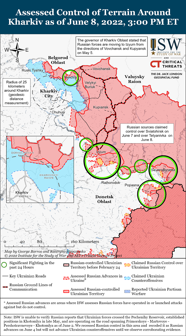  Актуальная на 9 июня карта боевых действий в Украине (Институт изучения войны США)