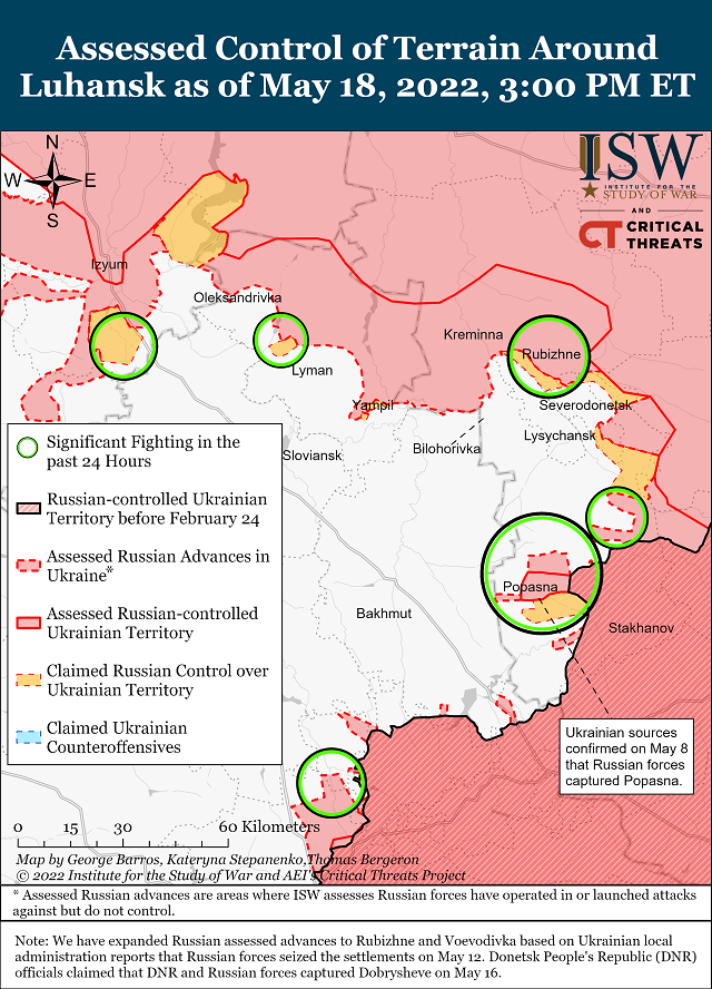 Карта боевых действий в Украине на 19 мая (Институт изучения войны США)