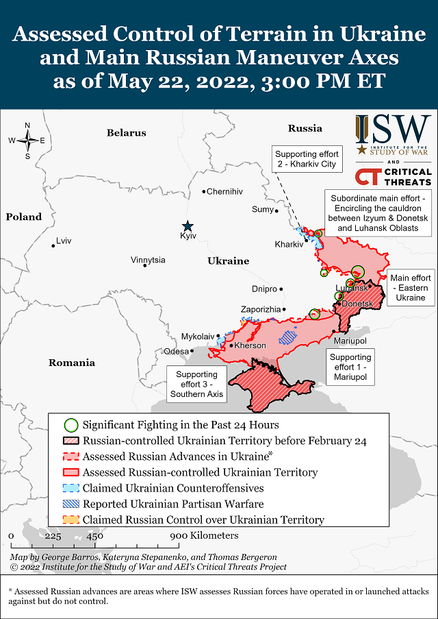 Американский Институт изучения войны опубликовал новые карты боевых действий в Украине на 23 мая 2022 года.