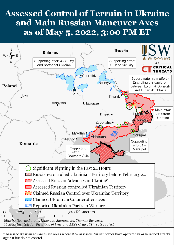 Американский Институт изучения войны опубликовал карты боевых действий в Украине на 6 мая.