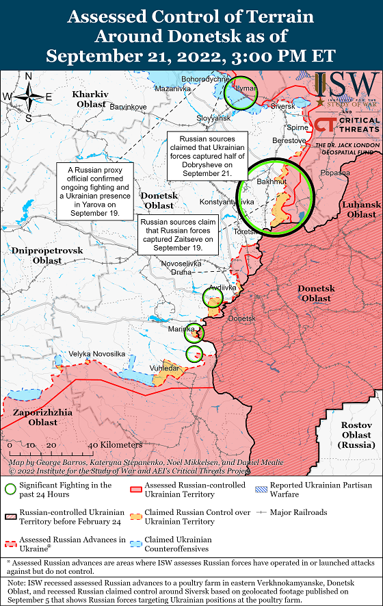 Актуальная на 22 сентября карта боевых действий в Украине (Институт изучения войны США)