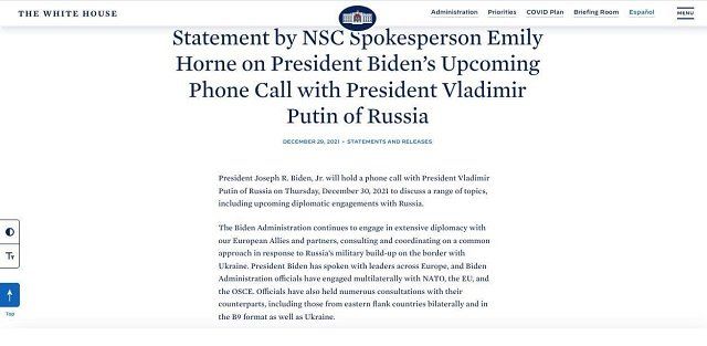 Белый дом подтвердил проведение переговоров Байдена с Путиным 30 декабря
