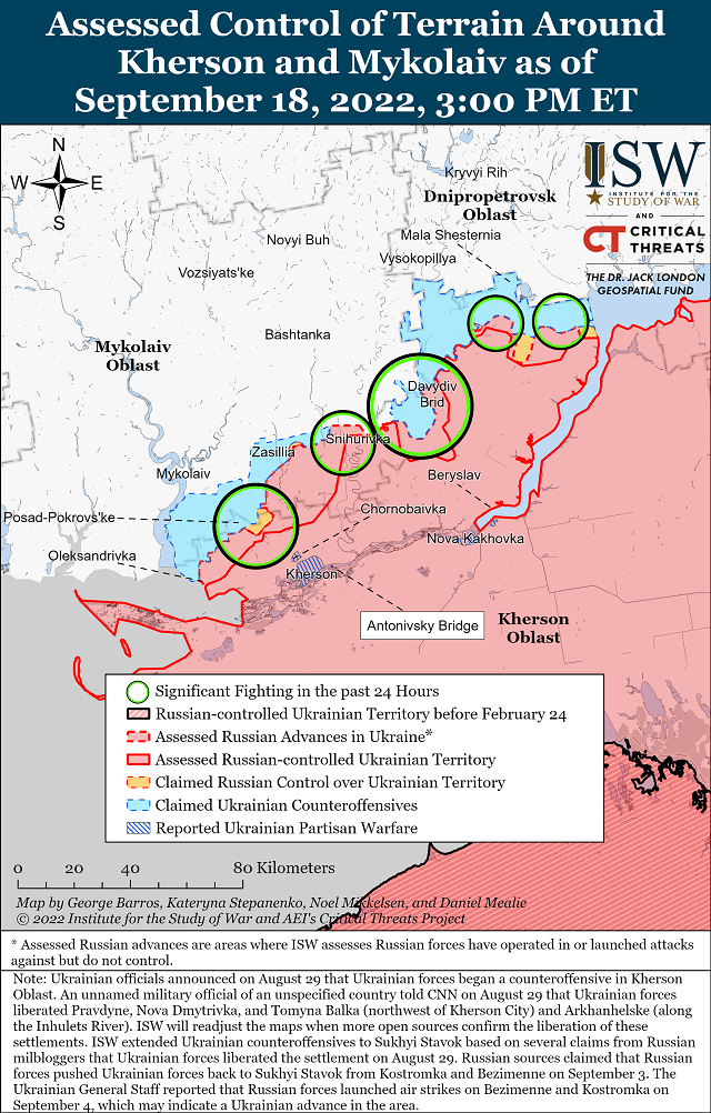  Карта боевых действий в Украине на 19 сентября (Институт изучения войны США)