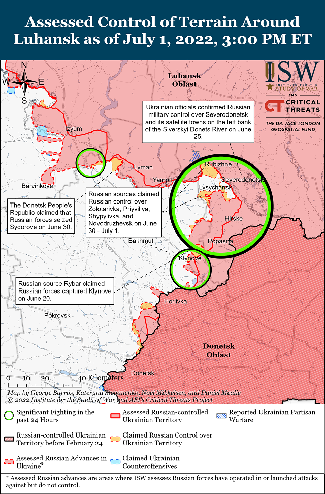 Американский Институт изучения войны опубликовал карту боевых действий в Украине на 2 июля