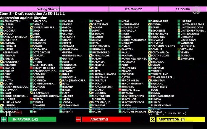 Генассамблея ООН проголосовала за вывод войск РФ из Украины - против проголосовали 5 стран