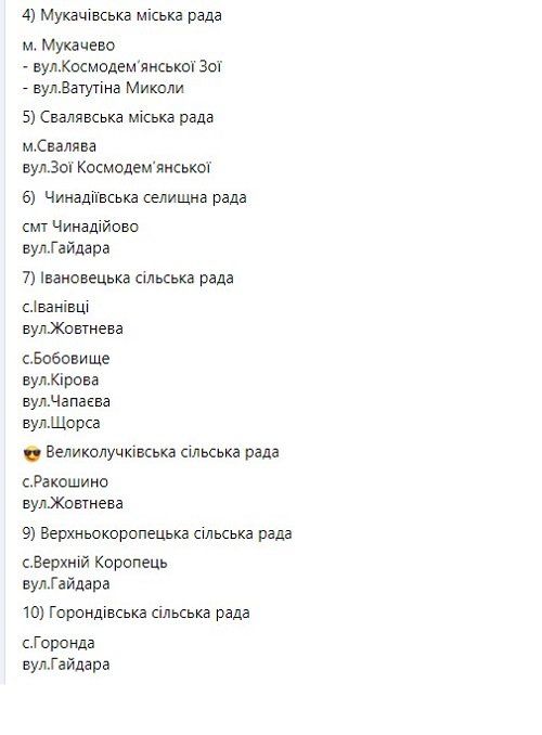 Список улиц-претендентов на декоммунизацию в Закарпатье 