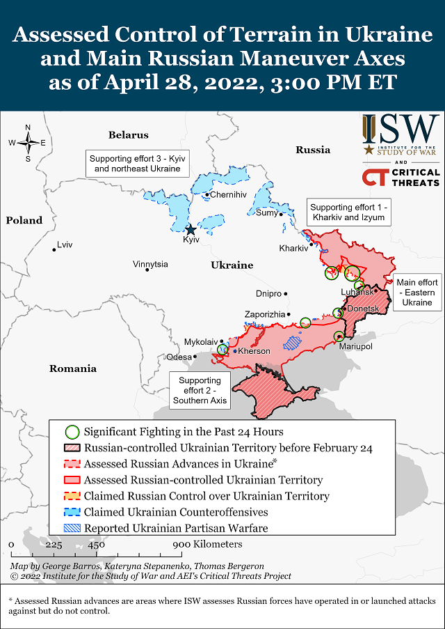 Американский Институт изучения войны опубликовал карту боевых действий в Украине на 29 апреля.