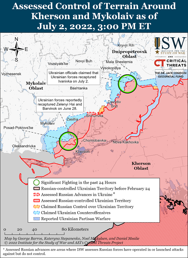 Американский Институт изучения войны опубликовал карты боевых действий в Украине на 3 июля.