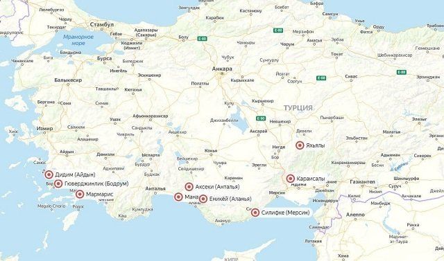 Карта с отмеченными очагами возгораний в Турции