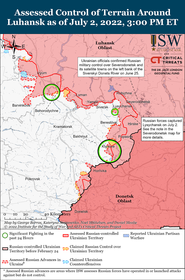 Американский Институт изучения войны опубликовал карты боевых действий в Украине на 3 июля.
