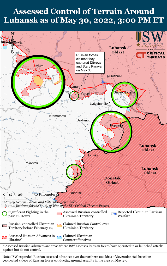 Институт изучения войны (США) публикует карты боевых действий в Украине на 31 мая