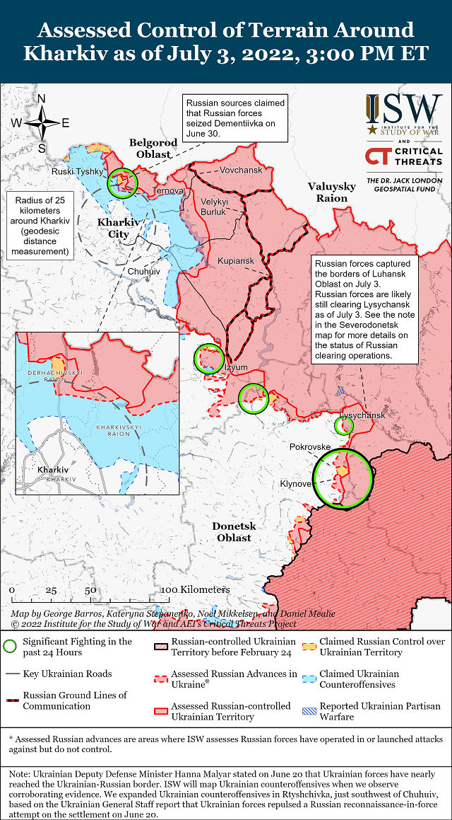 Американский Институт изучения войны опубликовал карты боевых действий в Украине на 4 июля.