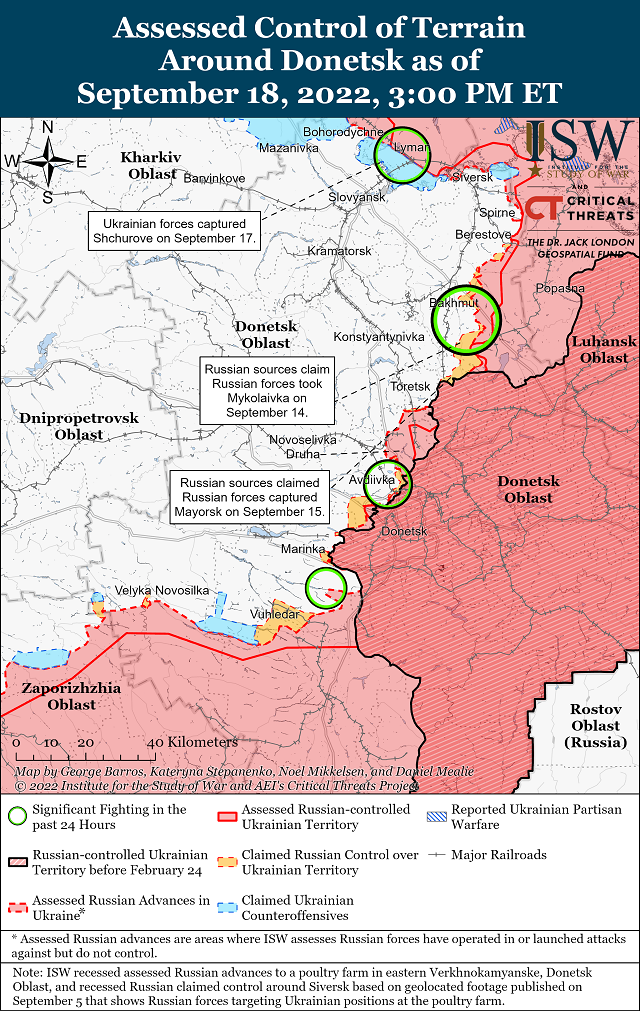  Карта боевых действий в Украине на 19 сентября (Институт изучения войны США)