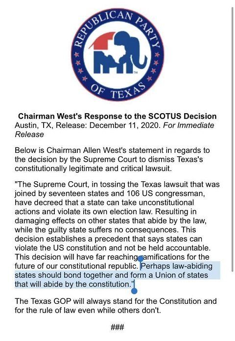 В ответ на решение Верховного суда республиканцы Техаса предложили создать "Союз штатов"