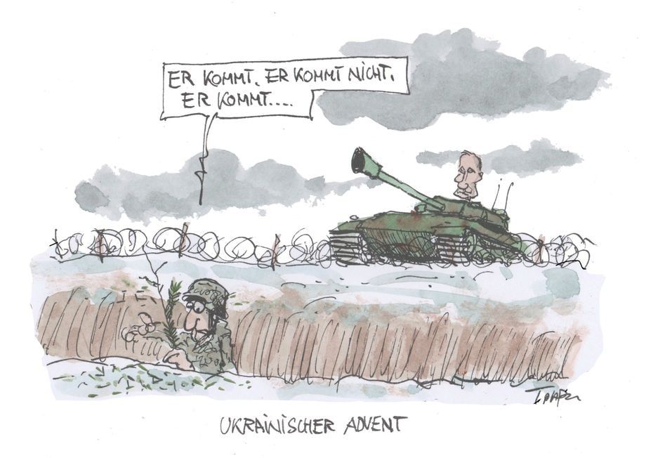 Граница с Россией. Солдат гадает: придет, не придет, придет...Тем временем к границе подъезжает Путин на танке. Карикатура из der Spiegel