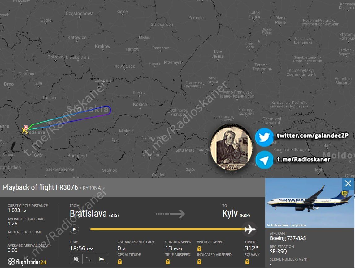  Рейс авиакомпании Ryanair Братислава - Киев вернулся в аэропорт вылета в целях безопасности.