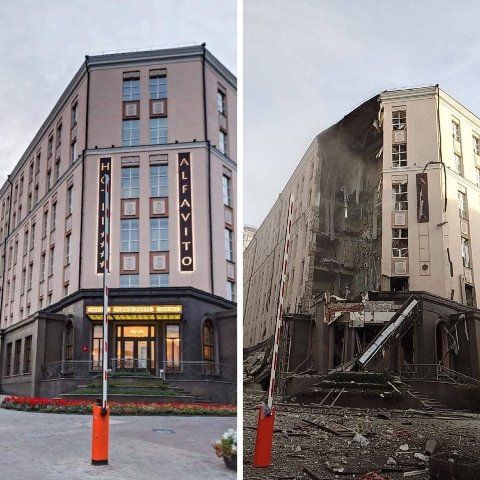 Гостиница «Алфавито» в Киеве до и после ракетного удара.
