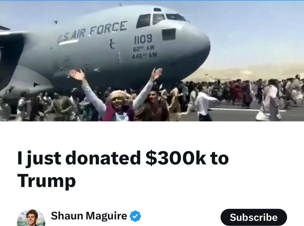 На скрине венчурный капиталист Шон Магуайр объявляет, что он только что пожертвовал Трампу 300 000 долларов после приговора