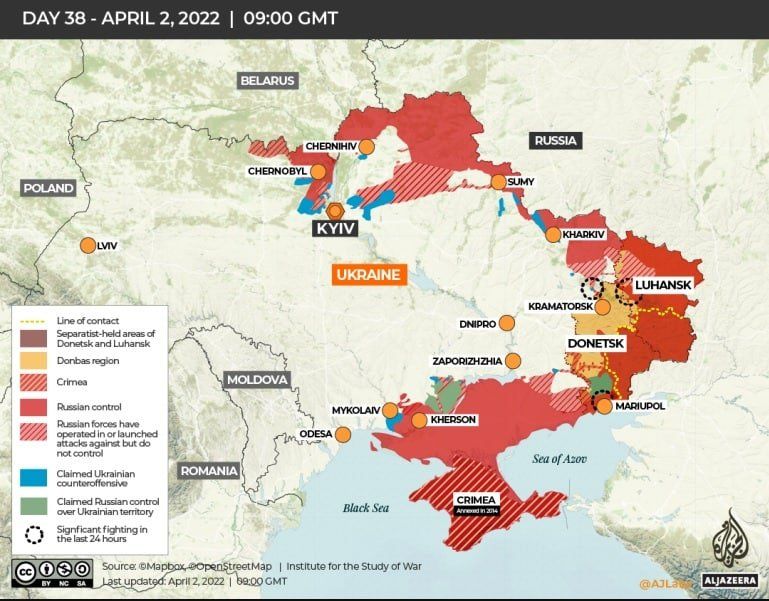 Карта боевых действий в Украине (по состоянию на 3 апреля) от телекомпании Al Jazeera