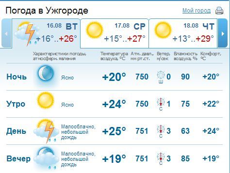 В Ужгороде погода будет облачной. Днем и вечером будет идти дождь, гроза