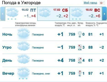 16 февраля в Ужгороде будет облачно, возможны осадки