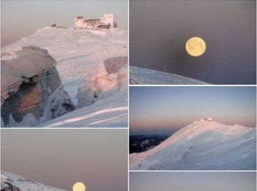 Карпати на світанку: повний Місяць та засніжений "Білий слон" (ФОТО)
