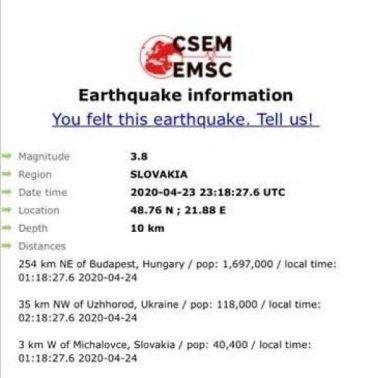 Сьогодні поряд із Закарпаттям прогримів землетрус силою майже у 4 бали