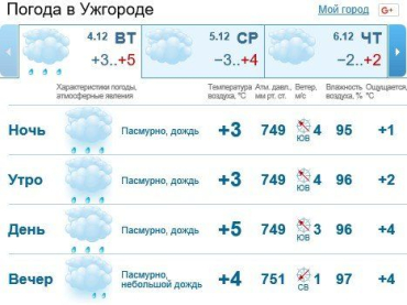 4 декабря в Ужгороде будет облачно, сильный дождь