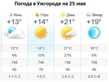 Прогноз погоды в Ужгороде на 25 мая 2019