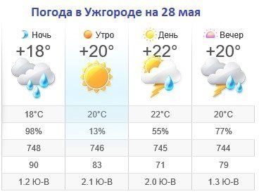 Прогноз погоды в Ужгороде на 28 мая 2019