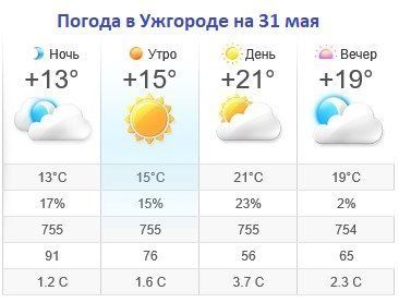 Прогноз погоды в Ужгороде на 31 мая 2019