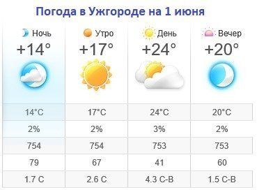 Прогноз погоды в Ужгороде на 1 июня 2019