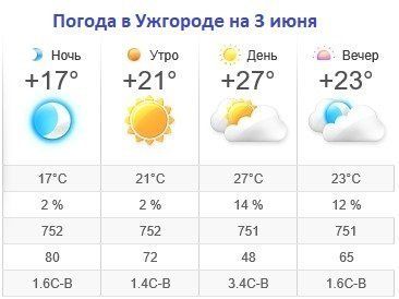 Прогноз погоды в Ужгороде на 3 июня 2019