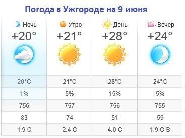Прогноз погоды в Ужгороде на 9 июня 2019