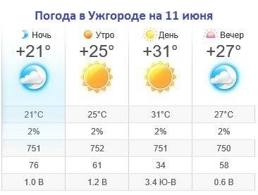 Прогноз погоды в Ужгороде на 11 июня 2019