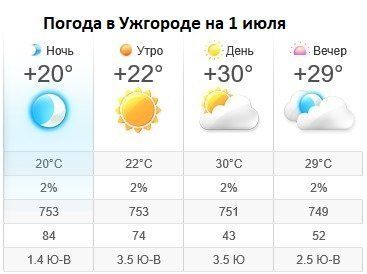 Прогноз погоды в Ужгороде на 1 июля 2019