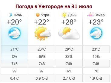 Прогноз погоды в Ужгороде на 31 июля 2019