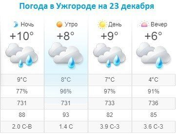 Прогноз погоды в Ужгороде на 23 декабря 2019