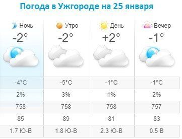 Прогноз погоды в Ужгороде на 25 января 2020