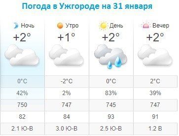 Прогноз погоды в Ужгороде на 31 января 2020