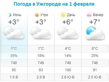 Прогноз погоды в Ужгороде на 1 февраля 2020