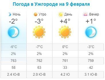 Прогноз погоды в Ужгороде на 9 февраля 2020