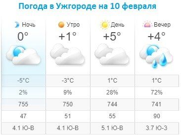 Прогноз погоды в Ужгороде на 10 февраля 2020